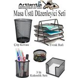 Masa Üstü Siyah Fileli Kalemlik Çöp Kovası ve 3 Katlı Evrak Rafı 5 Parça 1 Paket 5 li Masa Üstü Düzenleyici Kalemlik Küp