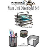 Masa Üstü Siyah Fileli Kalemlik ve 3 Katlı Evrak Rafı 4 Parça 1 Paket 4 lü Masa Üstü Düzenleyici Kalemlik Küp Notluk Ata