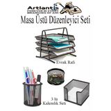 Masa Üstü Siyah Fileli Kalemlik ve 3 Katlı Evrak Rafı 4 Parça 1 Paket 4 lü Masa Üstü Düzenleyici Kalemlik Küp Notluk Ataşlık