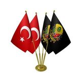 Masa Üstü Siyah Osmanlı Arması Bayrağı Türk Bayrağı Dörtlü Pirinç Direk Masa Bayrak Seti