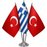 Masa Üstü Yunanistan Bayrağı Türk Bayrağı Üçlü Krom Direk Masa Bayrak Seti