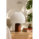 Masa ve Gece Lambası, Koyu Ahşap Taban, Krem Beyaz Mantar Plise Başlık 30 cm