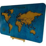 Masaüstü Kişiselleştirilebilir Ahşap Mantar Dünya Haritası - Mini Şövale ve 30 Adet Pin Hediyeli – 30X20CM - Deniz Mavi