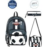 Masho Trend Taraftar Çocuk 3’lü Okul Çantası Seti – Sırt Çantası + Beslenme Çantası + Kalemlik - Spor Temalı, Çok Bölmeli Ilkokul Çantası - Siyah - Beyaz