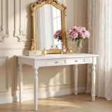 Masif Ahşap Makyaj Makyaj Masası, Beyaz, 39.5" | Rubberwood, Saklama Çekmeceleri, Aynasız, Rustik Kır Evi Tarzı, Yatak Odası, Oturma Odası ve Koridor İçin