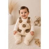 Masilya Brand Bebek Ayıcık Detaylı Peluş Tulum Şapka ve Pamuklu Sweat 3 Parça Takım - Krem - 12 - 18 Ay