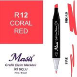 Masis 12 Mercan Kırmızı Çift Uçlu Marker Grafik Çizim Kalemi