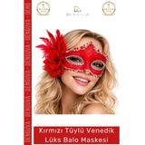 #Maske Kırmızı Tüylü Venedik Tasarım Lüks Parti Kostüm Aksesuarı Gösterişli Şıklık Balo Maskesi