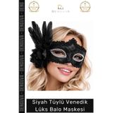 #Maske Lüks Siyah Tüylü İşlemeli Venedik Kostüm Parti Aksesuarı Gösterişli Şıklık Balo Maskesi