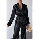 mass fashion Kadın Siyah Saten Oversize Ceket ve Bol Paça Pantolon Takım