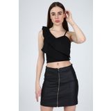 MAT Collection Kadın Siyah Tek Omuzu Ayarlanabilir Askılı Tek Omuzu Fırfırlı Crop Bluz