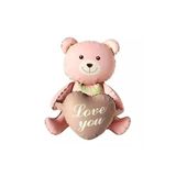 Mat Pembe Teddy Ayı Kahverengi Kalp Folyo Balonu Tutuyor
