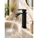 Mat Siyah Şelale Lavabo Bataryası | Paslanmaz Çelik | Sıcak-Soğuk Çift Giriş | Modern Banyo Musluğu Siyah