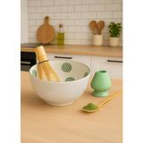 MATCHİVA Seramik Matcha Çay Seti, 4 Parça, Yeşil Boyalı, Geleneksel Japon Tasarımı, Bambu Çırpıcı ve Stand, 290cc Kase