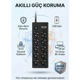Matechno 10'lu 2mt Uzatma Kablolu Çoklu Priz Akım Korumalı Grup Uzatma Priz 3x USB 1x Type-C Çıkışlı Priz - Siyah