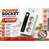Matechno 3500W 3'lü Topraklı Akım Korumalı Çoklu Priz | 2 Type-C Pd + 4 USB Hızlı Şarj Girişli | Açma/kapama Anahtarlı | Alev Geciktirici Güvenli Grup Priz Uzatma - Beyaz