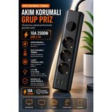 Matechno 3'lü Akım Korumalı Topraklı Çoklu Priz 2500W | 2 USB + 1 Type-C | Isıya Dayanıklı Termal Korumalı | Anahtarlı Grup Priz Uzatma Kablosu - Siyah
