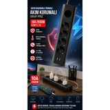 Matechno 4'lü Akım Korumalı Topraklı Çoklu Priz 2500W 10A 2 USB + 1 Type-C Isıya Dayanıklı Termal Korumalı Anahtarlı Grup Priz Uzatma Kablosu - Siyah
