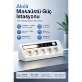 Matechno 5'li Topraklı Çoklu Priz 2500W | 2 USB + 2 Type-C Hızlı Şarj | Dokunmatik 3 Kademeli LED Gece Lambası | 2 Metre Kablo | Duvara ve Masa Altı Asılabilir Grup Priz Uzatma - Beyaz