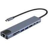Matechno 8 In 1 Type-C Çıkışlı Çoklu Çevirici Adaptör Ethernet HDMI USB Çoklayıcı Sd Tf Kart Okuyucu USB Hub - Metalik Gri