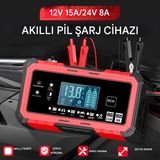 Matechno Akıllı Akü Şarj Cihazı 24V 8A 12V 15A LiFePO4 LCD Ekranlı Tek Parça - SİYAH
