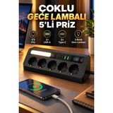 Matechno Çoklu Gece Lambalı Yüksek Gerilim Korumalı 5’li Priz – 2x USB + 2x Type-C Çıkışlı Grup Priz Çoğaltıcı - Siyah