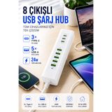 MATECHNO Hızlı Şarjlı USB Hub Çoklayıcı 3x Type-c 5x USB Çıkışlı 220V 1 MT Priz Kablolu Usb Çoğaltıcı