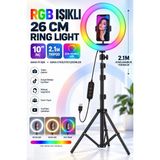 Matechno Rgb Işıklı 26 cm 10 Inç Çok Renkli LED Ring Light 2.1m Tripot Youtube Tiktok Make Up Çekim Işığı - Siyah