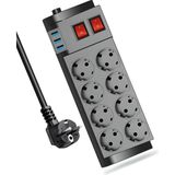 Matechno Termal Korumalı 8’li Çoklu Priz – 2m Uzatma Kablosu + 3 USB Çıkışlı Grup Priz Uzatma Dağıtıcı - Siyah