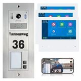 Mathfel 2 Kablolu Veri Yolu Wifi Görüntülü Kapı İnterkom Sistemi - Gravür Dahil Kişiselleştirilmiş Dış Mekan İstasyonu, 2 Aile Evi İçin İdeal, 3X 7'' Monitörlerle