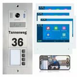 Mathfel 2 Kablolu Veri Yolu Wifi Görüntülü Kapı İnterkom Sistemi - Gravür Dahil Kişiselleştirilmiş Dış Mekan İstasyonu, 4 Aile Evi İçin İdeal, 4X7'' Monitörlerle