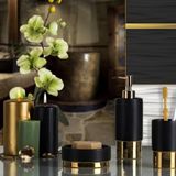 Matilda 3'lü Banyo Seti, Siyah-Gold, Seramik, Sıvı Sabunluk 20cm, Sabunluk 11cm, Diş Fırçalık 11cm