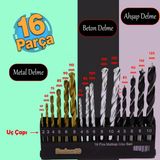 Matkap Ucu Set 16'Lı Paket 3'Ü Bir Arada Beton Duvar Ahşap Metal Çelik Delme Uç Değişik Uzunluk Çap