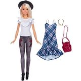 Mattel Barbie FJF68 Barbie moda tutkunlarına bebek + modaya uygun hediye seti siyah ve mavi karo-elbise