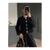 MATTİMODA Kadın Papatya Düğmeli Regular Siyah Peluş Hırka