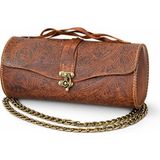 Matur Leather Desenli Hakiki Deri Silindir Clutch / Omuz Çantası - Taba - Açık Kahverengi