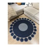 MaVaux Bej Jüt Hasırlı El Örgüsü Kilim Halı Hasır Yuvarlak BambuLacivert 120 x 120