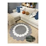 MaVaux Hasır Jüt Çiçek Desenli Kilim Halı GriBeyaz 120 x 120