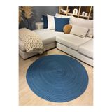 MaVaux Jüt Yuvarlak Hasır Görünümlü Klasik Halı Kilim Petrol Mavi 80 x 80