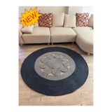 MaVaux Jutella Hasır Krem Ortası Kurabiyeli Jüt Hasır Yuvarlak Modern Salon Banyo Kilim Halı Paspas Yolluk BAMBU LACİVERT KIRÇIL 200 x 200