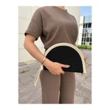 MaVaux Moss Fermuarlı Hasır Jüt Vegan Clutch Çanta SiyahKrem