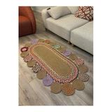 Mavaux Şölen Etnik El Örgüsü Jüt Halat Kilim Renkli Oval Bohem Kilim, Dekoratif Doğal Hasır Görünümlü