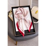 Mavero Kadın Kırmızı Ekru Zambak Ve Çizgi Desenli Rayon Fular 50x50 cm İpeksi Yumuşak Saç Çanta Aksesuarı