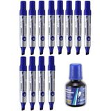 Mavi 10 mm Kesik Uçlu Markör Permanent Kalem 12 Adet ve Mavi Mürekkep 1 Adet Çuval Koli Kalemi - Standart - 10mm