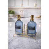 Mavi 2'li Cam Sabunluk/Deterjanlık, 500 ml, Altın Renk Metal Stantlı, 21,5x9x23 cm