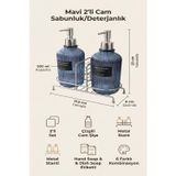 Mavi 2'li Cam Sabunluk/Deterjanlık, 500 ml, Gümüş Renk Metal Stantlı, 21,5x9x23 cm