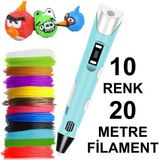 MAVİ 3D Kalem Yazıcı+10 renk 20 metre (10x2metre) PLA Filament
