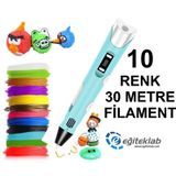 MAVİ 3D Kalem Yazıcı+10 renk 40 metre (10x4metre) PLA Filament