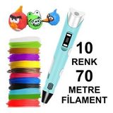 MAVİ 3D Kalem Yazıcı+10 renk 70 metre (10x7metre) PLA Filament