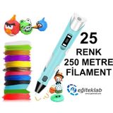 MAVİ 3D Kalem Yazıcı+25 renk 250 metre (25x10metre) PLA Filament